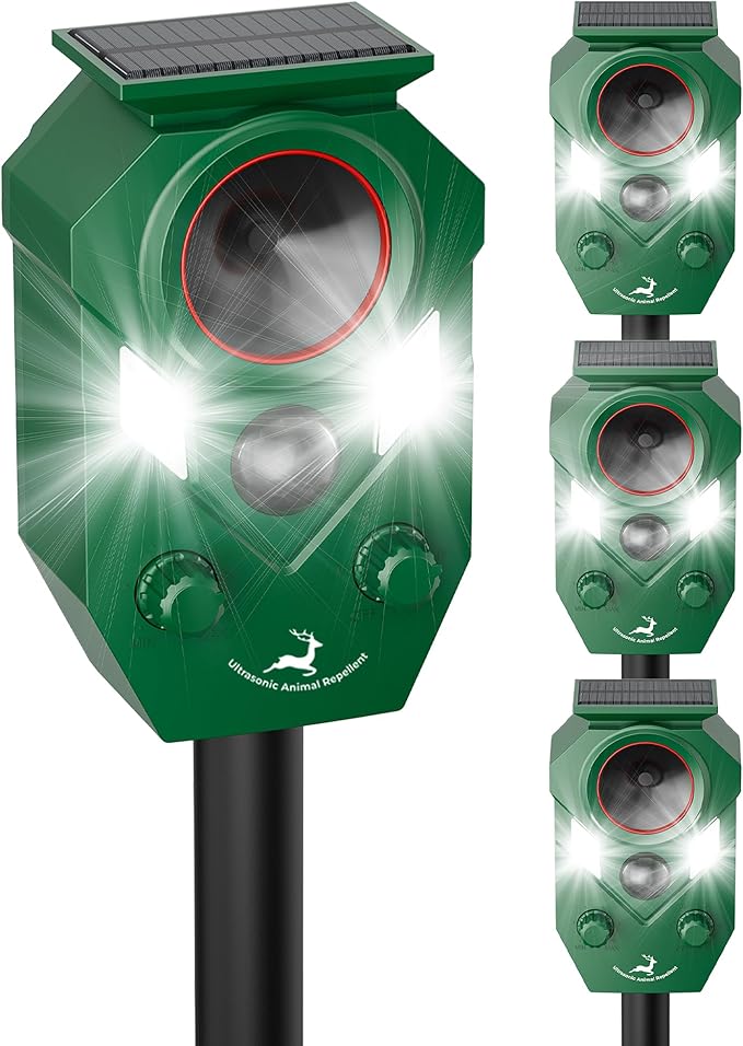 Solar Deer Repellent Devices Outdoor - Ultrasonic Animal Repellent with Motion Sensor & Strobe Light, Waterproof Animals Deterrent for Yard Garden Farm to Repel Cats, Coyote, Squirrels