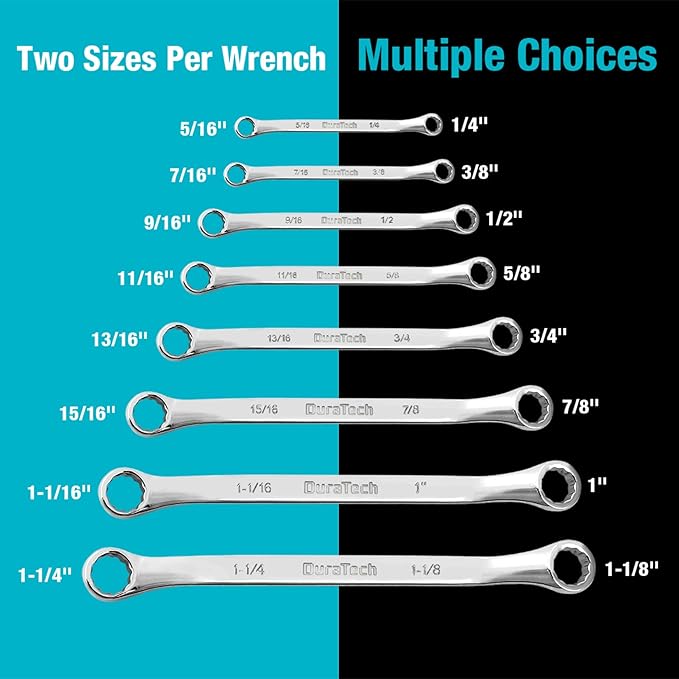 DURATECH 50-Degree Offset Wrench Set, SAE, Double Box End Wrench Set, 8-Piece, 1/4'' to 1-1/4'', 12 Point, CR-V Steel, with Easy Hang Rolling Pouch