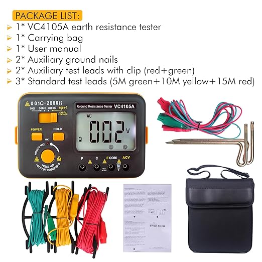 VC4105A Earth Resistance Tester Digital Grounding Resistance Meter 20/200/2000Ω Ground Resistance 750V AC Voltage Measure Backlight LCD Display Data Hold