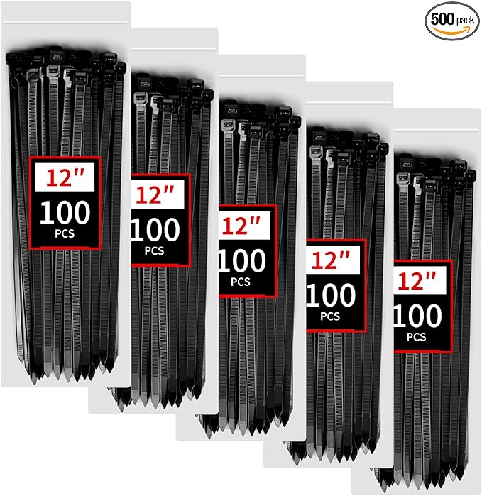 Zip Ties Heavy Duty, BethTie 500 Pack (12Inch) Black Cable Ties, Self-Locking Plastic Wire Ties with 220lb Tensile Strength, Black Nylon Zip Ties for Indoor
