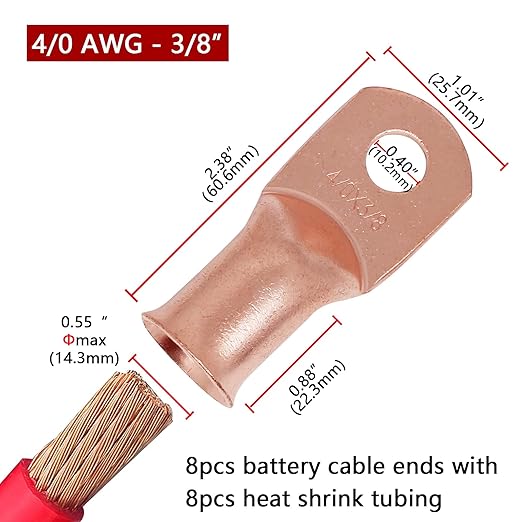 TKDMR 8pcs 4/0 AWG-3/8 Battery Lugs,Heavy Duty Wire Lugs,Ring Terminals,Battery Cable Ends,0 Guage terminals,Battery Terminal Connectors with 8pcs 3:1 Heat Shrink Tubing