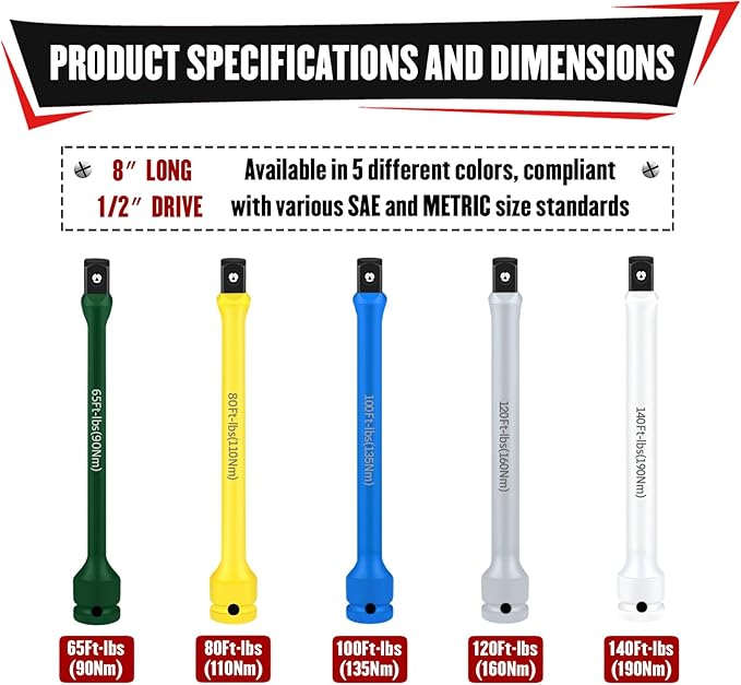 YIYITOOLS 5Pcs 1/2" Drive Torque Limiting Extension Bar Set, 8" Long Torque Sticks (65-140 Ft-lbs), Impact Socket Extensions with Storage Case, Color-Coded, for Lug Nuts, Tire Repair