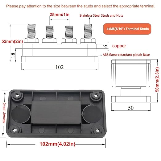 Bus Bar Copper 12V 300A with 4X 5/16" Studs Battery Terminal Power Distribution Blocks, Marine Busbar, 12 Volt-48V DC High Current Buss Bar for Automotive, Car, Boat, RV, Solar, Yacht, Black
