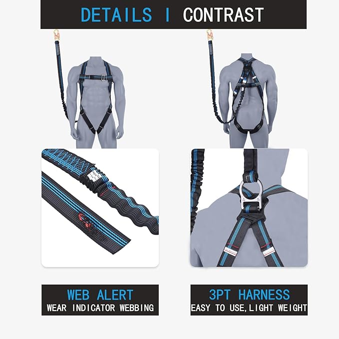 Safety Harness Fall Protection Kit - 3 Pt Full Body Safety Harness with 6 FT Internal Shock Absorbing Lanyard & Snap Hook, for Roofing Construction & Scaffolding Use, ANSI OSHA Compliant