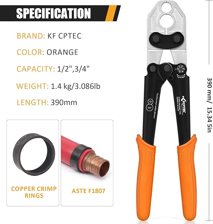 KF CPTEC 1/2 and 3/4-inch Combo PEX Crimping Tool for Copper Crimp Rings with Go/No-Go Gauge, Meets ASTM F1807 Standard, Durable Plumbing Tool