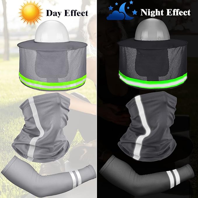 SATINIOR 3 Pcs Sun Hard Hat Neck Protection High Visibility Full Brim Mesh Sun Protection Bandana Headband Arm Sleeves with Reflective Strap for Construction Helmet Hard Hat(Gray)