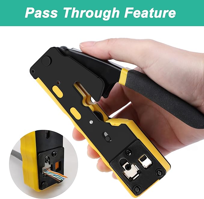 PETECHTOOL RJ45 Crimp Tool Pass Through Ethernet Crimping Tool Kit Cat6 Cat5e Cat6a RJ45 Crimper with Cable Tester, Cat6 Connectors with RJ45 Boot Covers, Mini Stripper, Blades and Cable Ties