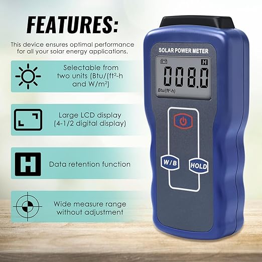 Solar Power Meter Solar Meter Digital Sun Light Radiation Testing Solar Irradiance Meter Measuring Instrument for Meteorology Sun Measurement Solar Energy Research Physical Optical Experiments