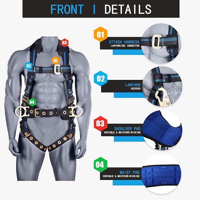 Fall Protection 5pt Full-Body Safety Harness, Vented & Padded Shoulder, Back & Legs, 8” Thick Back Support, Tongue Buckle, D-Rings, Grommet Leg Straps & Waist Belt (OSHA/ANSI Rated PPE)