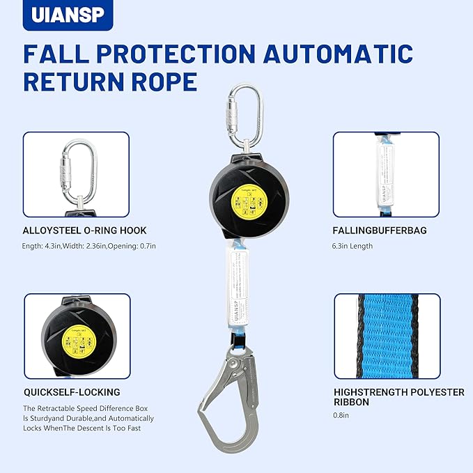 6FT Self Retracting Lifeline Fall Protection Retractable Safety Lanyard Rectracting Lifeline Personal Fall Arrest Protection ANSI Self Retractable Gear for Roofing Construction(Big Hook)