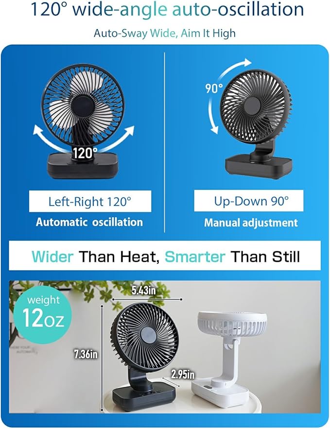 Oscillating Small Desk Fan, with USB Rechargeable Battery, Ultra Quiet, 4 Speeds, 13-Hour Runtime, Wall-Mount Option, Quiet Fan, Home, Bedroom and Office, Black