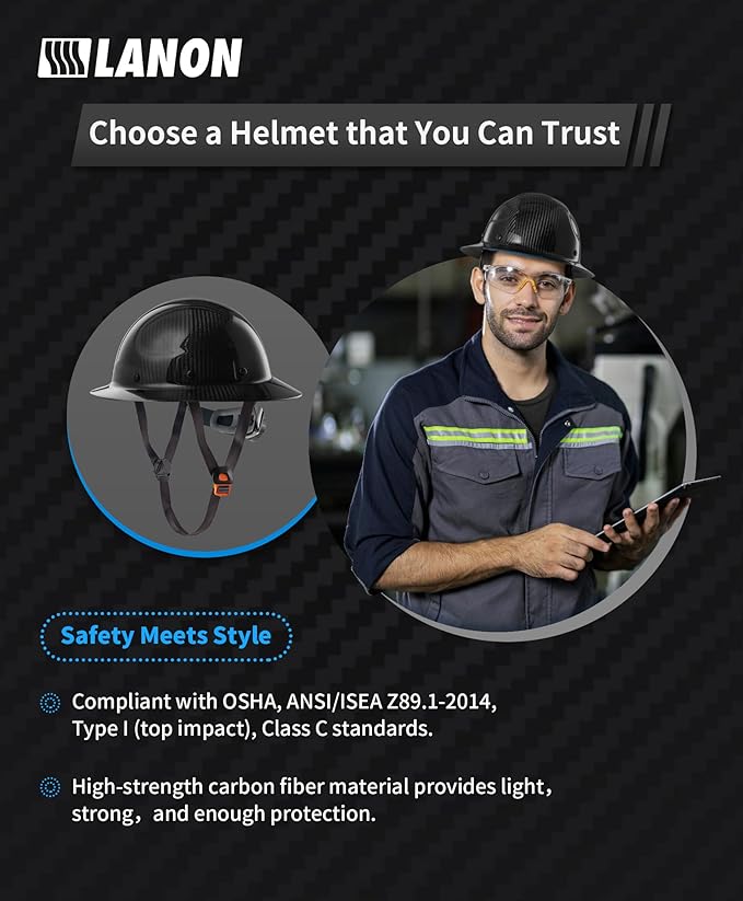 LANON Carbon Fiber Full Brim Hard Hat, OSHA Approved ANSI Z89.1 Hard Hats for Men, Construction Safety Helmet with Chin Strap, 6-Point Suspension, Classic Black Design, Class C