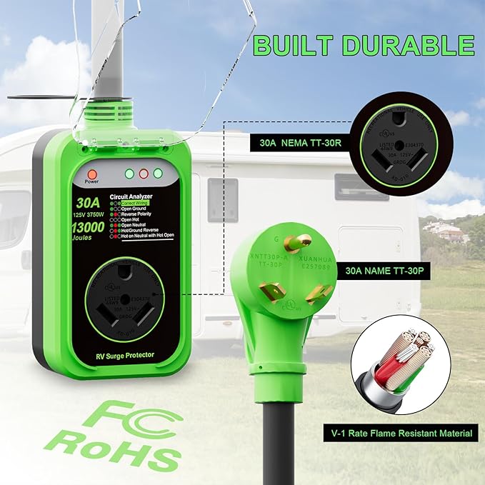 RV Surge Protector 30 Amp, 13000 Joules RV Circuit Analyzer with Waterproof Cover,RV Adapter Plug for Camper Travel Trailerss (30AMP-Green)