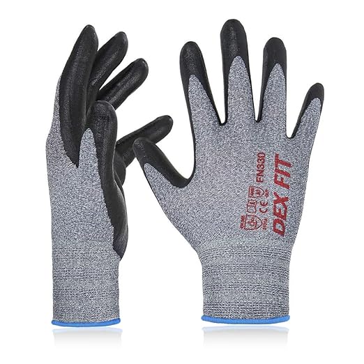 DEX FIT Nitrile Work Gloves FN330, 12 Pairs, 3D-Comfort Stretchy Fit, Firm Grip, Thin & Lightweight, Touch-Screen Compatible, Durable, Breathable & Cool, Machine Washable; Grey L (9)