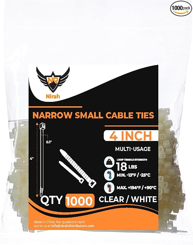Small Zip Ties 4 inches, Clear White, 1000 Pack, Multi-Purpose, Tiny Zip Ties, UV Rated Mini Cable Ties for Cable Management, Indoors and Outdoors use - by Nirah