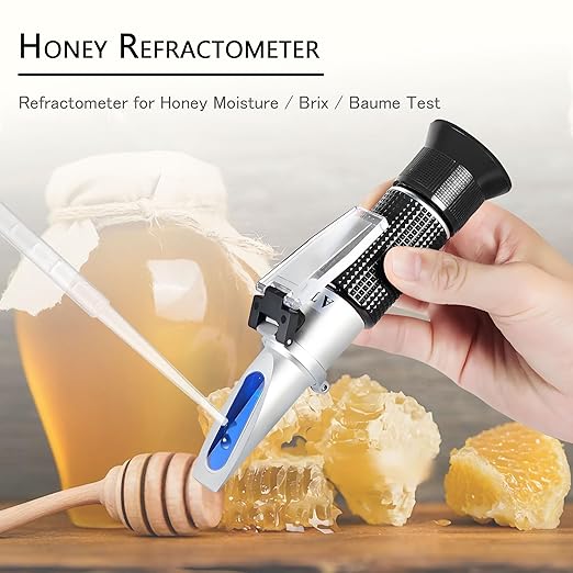 Honey Refractometer,V-Resourcing Hand Held Be'(Baume)/Brix/Water Refractometer for Honey Test,Tri-Scale (Baume:38-43°;Brix:58-92%;Water:12-27%)