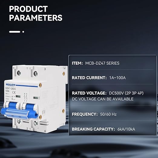 Mollom DC 2 Pole Miniature Circuit Breaker, 500V 100Amps, Scene Visualization Custom MCB Thermal Magnetic Trip, 6KA Breaking Capacity DC Disconnect Switch for Solar PV System