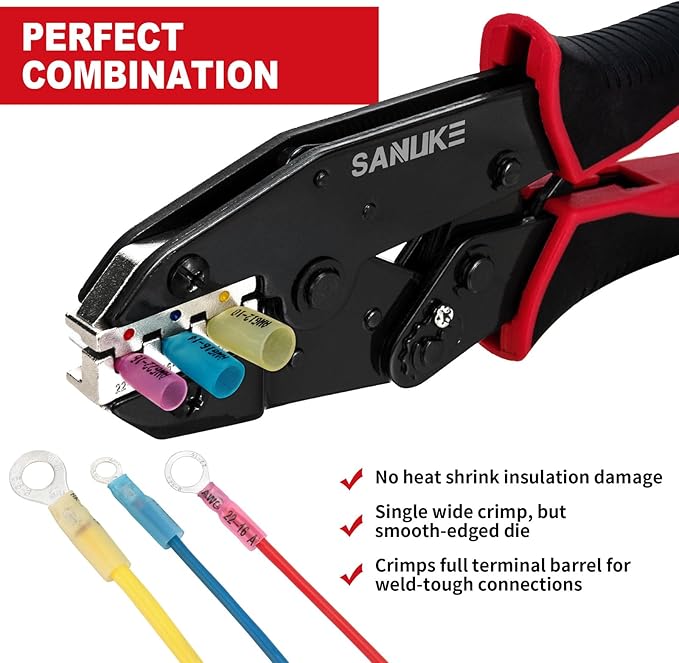 Sanuke Ratchet Crimping Tool for Heat Shrink Connectors (AWG 22-10), Wire Terminal Crimper for Insulated Nylon Connectors, Crimping Pliers for Electrical Repairs, Auto Wiring & Home Projects