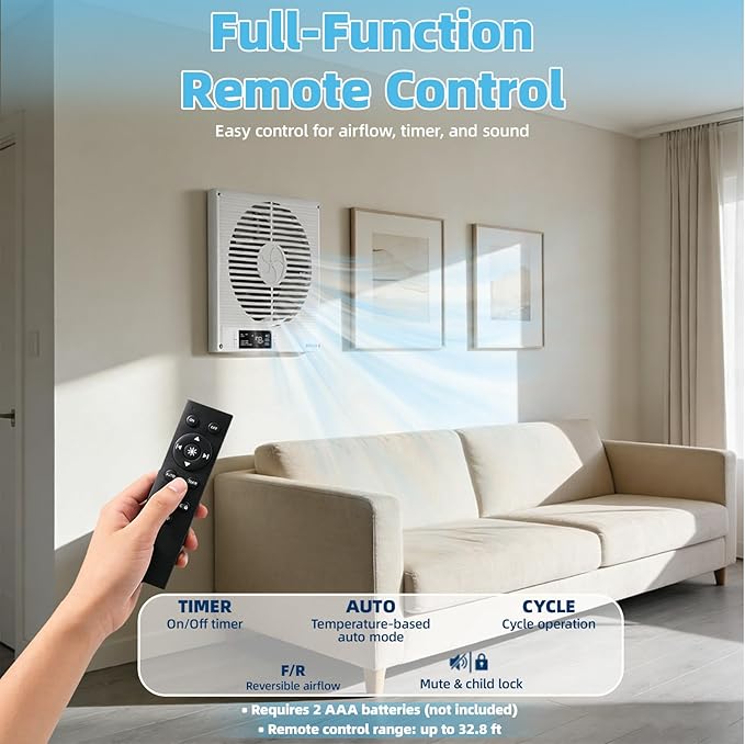 2PCS 8" Room to Room Fan with Remote, 320 CFM Room to Room Air Transfer Fan, 10 Speeds Quiet DC Motor Through Wall Fan & Exhaust Vent for Bedroom, Laundry, Kitchen, Garage, ETL Certified