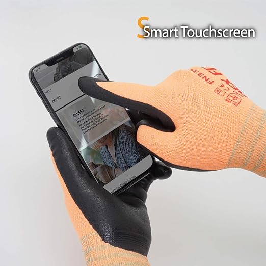 DEX FIT Nitrile Work Gloves FN330, 3D-Comfort Stretchy Fit, Firm Grip, Thin & Lightweight, Touch-Screen Compatible, Durable, Breathable & Cool, Machine Washable; Orange L (9) 3 Pairs