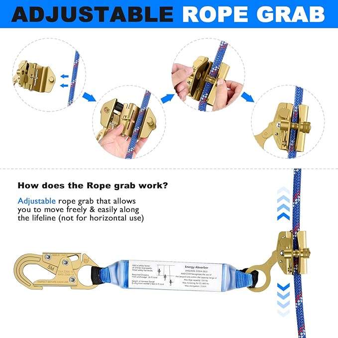 25FT Vertical Lifeline Assembly，Fall Protection Rope with Two Rope Grab Snap Hooks, Shock Absorber，Safety Climbing Equipment Roofing Safety Kit, CE ANSI