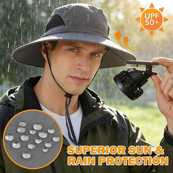 EINSKEY Solar Powered Fan Hat, UPF50+ Wide Brim Bucket Hat with Ultralight Clip-On Fans for Outdoor Hiking Fishing Gardening