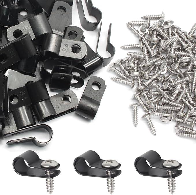 50 Pcs 1/3 Inch Black Nylon Screw Mounting R-type Cable Clip Wire Clamp, 8.4mm Cable Clip Wire Clamp for Wire Management, Stainless Steel Screws Included