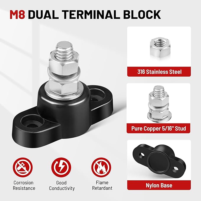 RED WOLF 12V 150A Power Distribution Block 5/16" Single Stud Busbar M8 Terminal Bus Bar 12 Volt DC Battery Junction Post for Auto Boat Marine Solar System Positive and Negative (2PC)