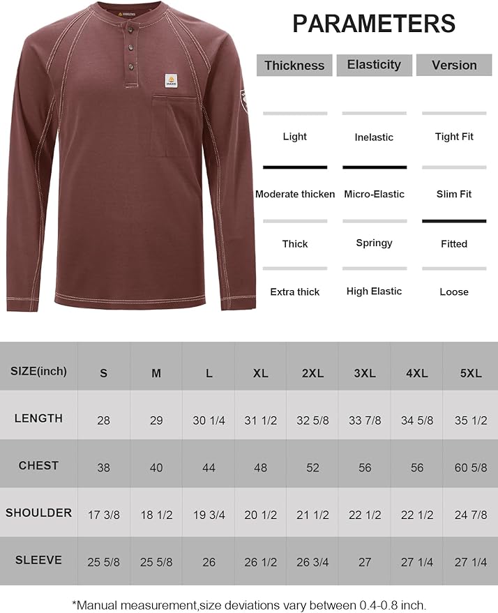 FR Shirts for Men Light Weight Flame Resistant Henley Shirts Long Sleeve Shirts HRC2/CAT2 6.5oz 100% Cotton