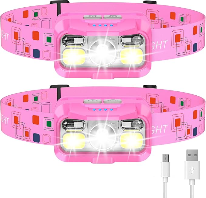 LHKNL Headlamp Rechargeable, Lumen Super Bright Motion Sensor Head Lamp Flashlight,2-Pack Waterproof LED Headlight with White Red Light,8 Modes Head Lights for Camping Cycling Running Fishing-Pink