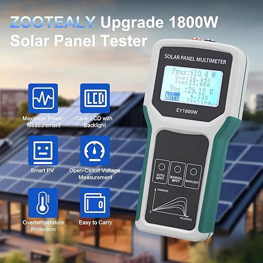 1800W Solar Panel Tester: MPPT Smart Photovoltaic Multimeter - Portable Solar Meter - Clear LCD Display - Measures Power Output - Open Circuit Voltage - Ideal for PV System Troubleshooting