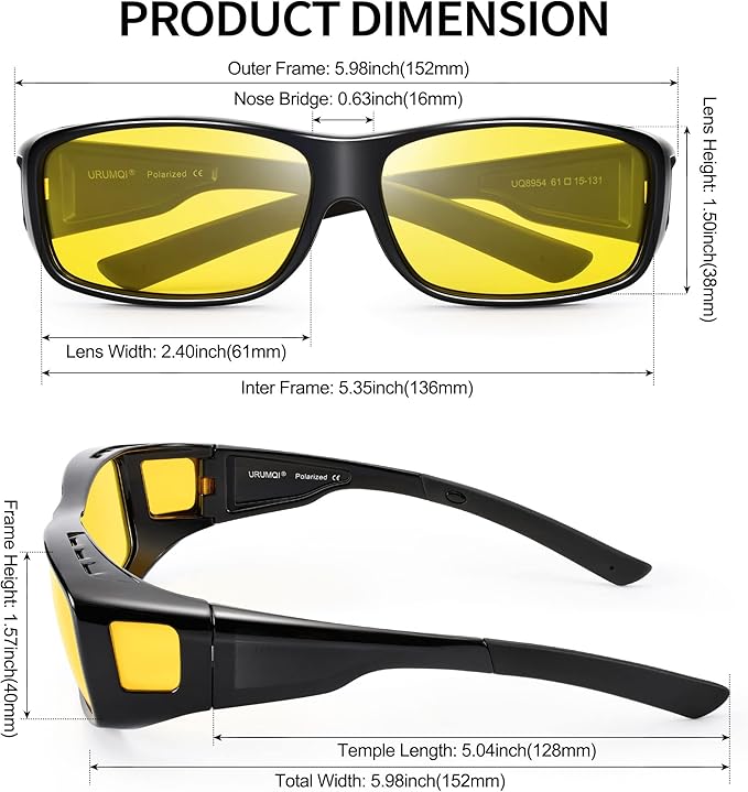 URUMQI Night Vision Driving Glasses Fit Over Eyeglasses for Men Women, Anti Glare Polarized Nighttime Glasses Yellow Lens