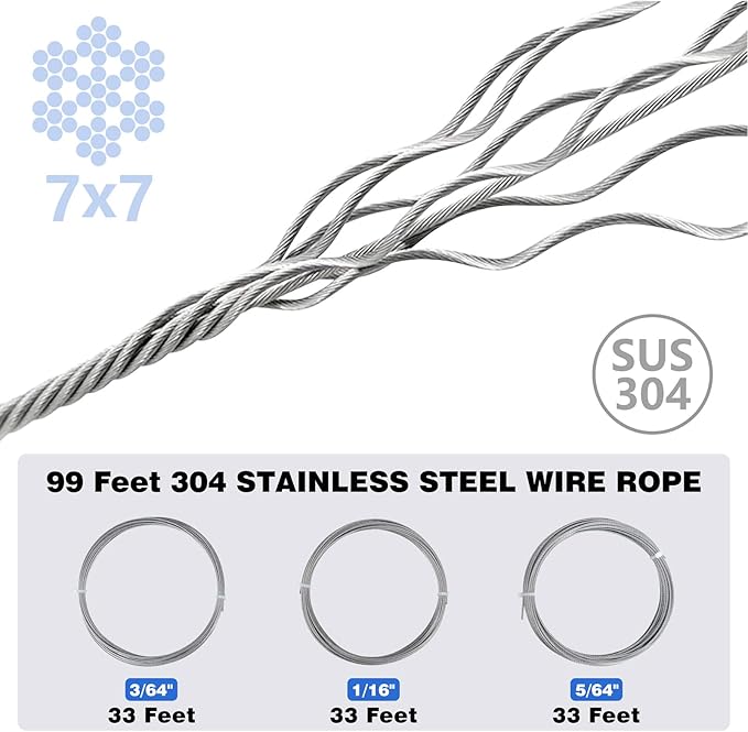 Sanuke Wire Rope Crimping Tool for 3/64 5/64 1/16 Wire Rope with 304 Stainless Steel Cable 3 Sizes 33FT and 150pcs Sleeves Stops, 10pcs Thimble