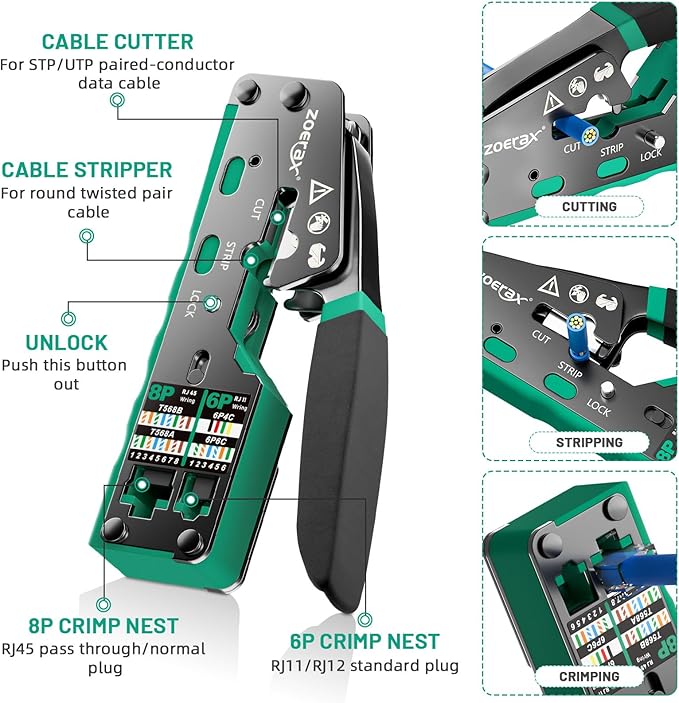 RJ45 Crimping Tool Ethernet Crimp Tool Crimper for RJ11/RJ12 Standard, RJ45 Pass Through Connectors, Green
