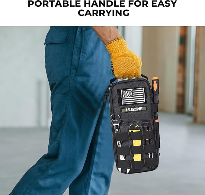 Portable Small Tool Bag, Organizer Storage Box for EDC, Motorcycle, Road Bike, Electricians and More with US Flag Patch and Heavy Duty Grab Handle, Multi-Purpose Utility Work Organizer Bag