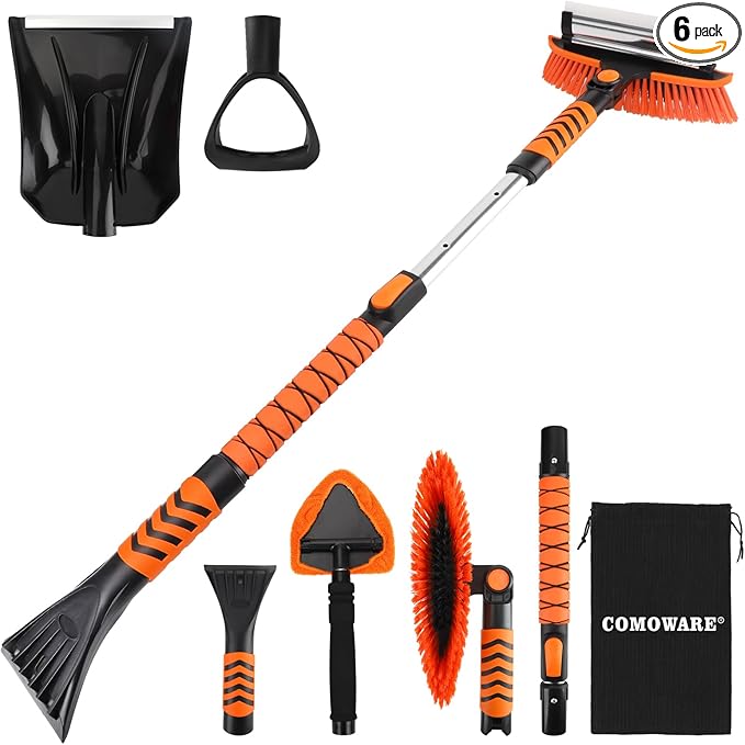 COMOWARE Extendable Snow Brush for Car, Ice Scrapers for Car Windshield Combo Kit with 270° Pivoting Head, 6-in-1 Snow Removal Tool with Snow Shovel Snow Scraper for Car, Truck, SUV, Winter Car Kit