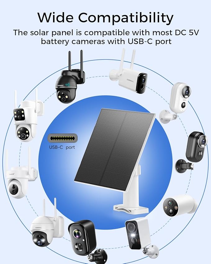 MUBILIFE 5W Solar Panel for Security Camera Wireless Outdoor, with Micro USB & Type-C Port, Continuous high-Efficiency Solar Power, IP66 Weatherproof, 360° Adjustable Bracket, 10ft Cable