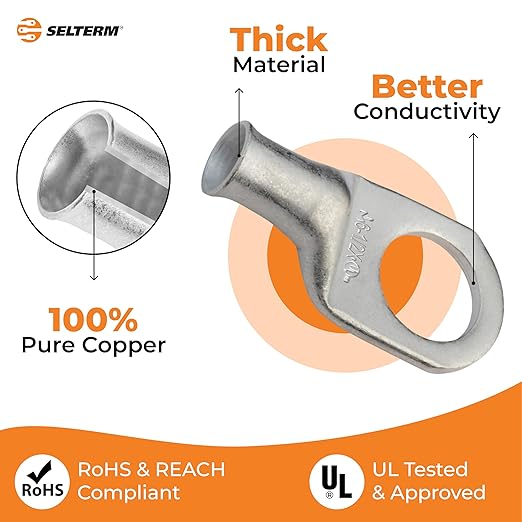 6 AWG (6 Gauge) 1/2" Stud, Tinned Copper Battery Cable Ends, Wire Lugs, Marine Grade, MD0612PX