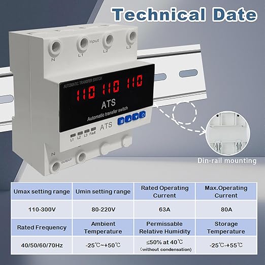 4P Automatic Transfer Switch with LCD Display, 63A Triple Power ATS with 3 Digital Displays for Input Real-Time Volrage Monitoring, Automatic Changeover for Utility/Generator/Solar