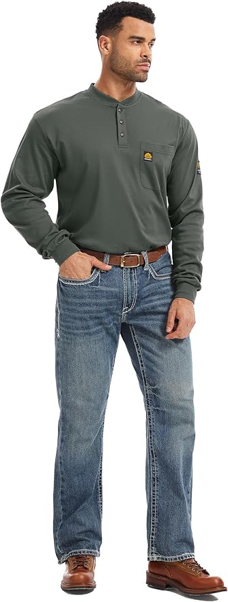 WORKWEYA 6.5oz Flame Resistant Henley Shirt 100% Cotton Lightweight FR Shirts for Men