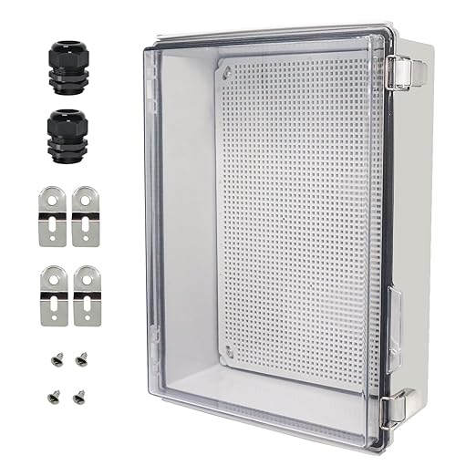 Zulkit Junction Box,IP67 Waterproof Electrical Box Hinged Clear Cover Stainless Steel Buckle Plastic Enclosure for Project w Mounting Plate Wall Bracket and 2 Cable Gland 15"x11"x5.1"/380x280x130mm