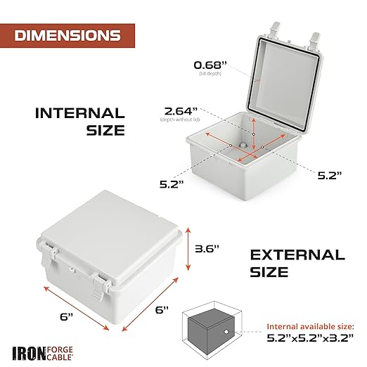 Iron Forge Cable Waterproof Junction Box - Outdoor Enclosure with Accessories, Weatherproof Hinged Light Gray Panel Cover, IP65 6"x 6"x 3.6"Inch