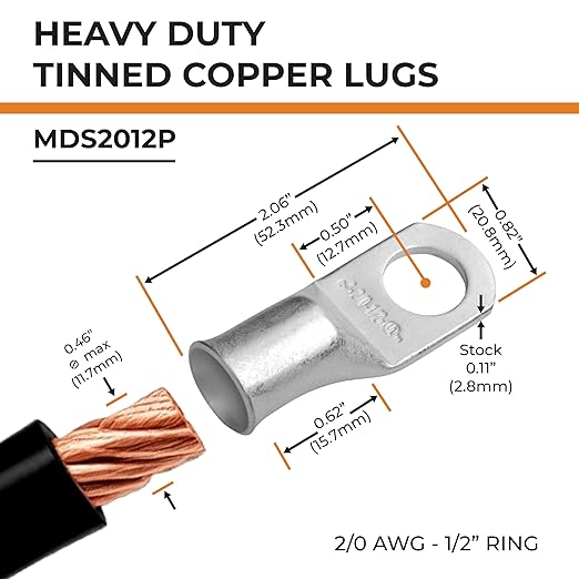 SELTERM 5pcs 2/0 AWG 1/2" Stud Tinned Copper Wire Lugs, Ring Terminals, Battery Cable Ends, 00 Gauge Ring Terminal Connectors, UL Marine Grade Electrical Terminal Connectors