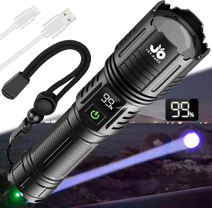 JAY-PARK Rechargeable Flashlights 10000 Lumen, LED Flashlight with Digital Power Display and Zoomable, Flashlights High Lumen Super Bright Long Distance for Camping, bushcraft, Outdoor