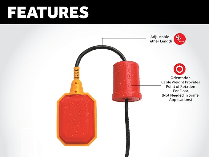 Float Switch for Sump Pump - 10-Foot Water Level Sensor with Honeywell Microswitch and Adjustable Tether Length for Ground Water Bilge Pump and Water Tank – Non-Corrosive PP Casing, Rated to 13 Amps