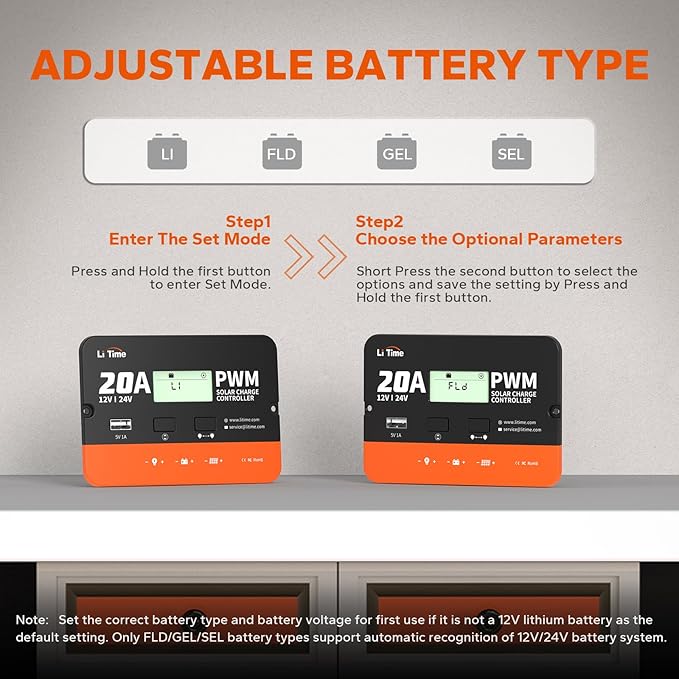 LiTime 12V/24V 20Amp PWM Solar Charge Controller (No Build-in Bluetooth) with LCD Display & USB Output for FLA, Gel, SEL and Lithium Battery