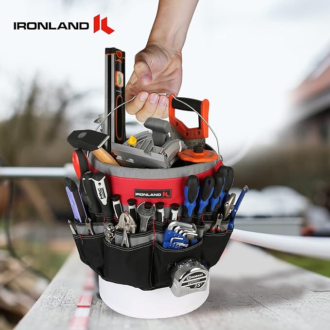 IRONLAND Bucket Tool Organizer Fit 3.5-5 Gallon Bucket, 51 Pockets, Bucket Tool Caddy Organization for Garden, Construction, Carpenter, Electrician, Welding, Builder Red & Black