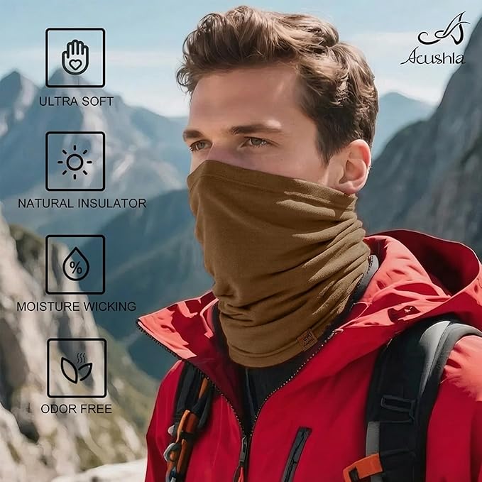 ACUSHLA 100% Merino Wool Neck Gaiter for Men & Women Ski Face Mask Winter Scarf Neck Warmer All Weather, Midweight Maple Leaf