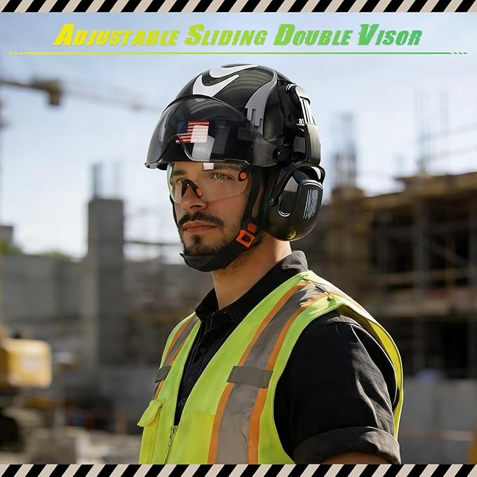 Hard Hat with Dual Visor and Hearing Protection-OSHA Approved Construction Hard Hats with Visor Sunglasses Earmuffs for Men,Vented Forestry Chainsaw Arborist Helmet with Chin Straps