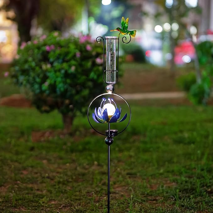 Rain Gauge Outdoor,42 Inch Solar Rain Gauges Decorative with Lotus Flower Spinner Light,Large Number Plastic Tube Rain Catcher Freeze Proof Hummingbird Water Gauge for Garden Yard Lawn